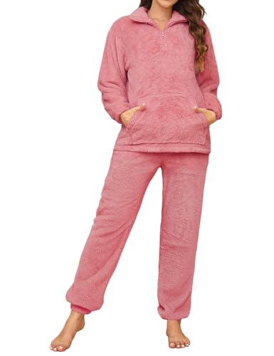 TOMEEK Damen Schlafanzug Set Winter Kuscheliger Polar Fleece Freizeitanzug mit Langarm Oberteil und Hose Gemütliche Nachtwäsche Warme Flauschige Nachtwäsche PJS für Frauen(Dunkelrosa,M) von TOMEEK