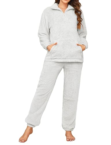 TOMEEK Damen Schlafanzug Set Winter Kuscheliger Polar Fleece Freizeitanzug mit Langarm Oberteil und Hose Gemütliche Nachtwäsche Warme Flauschige Nachtwäsche PJS für Frauen, Hellgrau, Größe XXL von TOMEEK