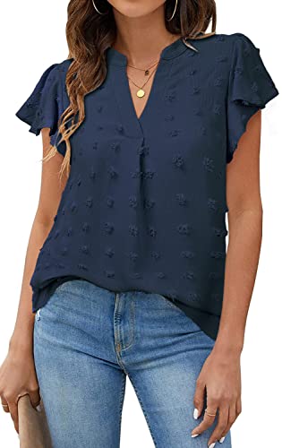 TOMEEK Damen Sommer Casual Top V-Ausschnitt Kurzarm Chiffon Bluse Tunika Elegante Rüschen Polka Dot T-Shirts, Navy blau, Größe S von TOMEEK