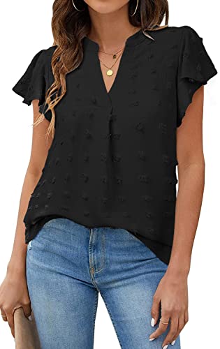 TOMEEK Damen Sommer Casual Top V-Ausschnitt Kurzarm Chiffon Bluse Tunika Elegante Rüschen Polka Dot T-Shirts, Schwarz, Größe M von TOMEEK