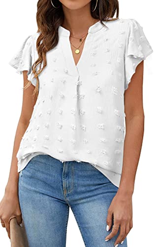 TOMEEK Damen Sommer Casual Top V-Ausschnitt Kurzarm Chiffon Bluse Tunika Elegante Rüschen Polka Dot T-Shirts, Weiß, Größe M von TOMEEK