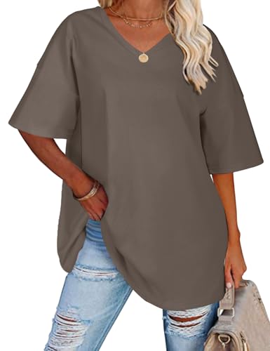 TOMEEK Damen T-Shirt mit V-Ausschnitt Kurzarm Sommer Oversize Shirts Baumwolle Basic Casual Top Lose Bluse Weite Schulter T-Shirts(Dunkelgrau,L) von TOMEEK