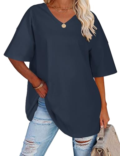 TOMEEK Damen T-Shirt mit V-Ausschnitt Kurzarm Sommer Oversize Shirts Baumwolle Basic Casual Top Lose Bluse Weite Schulter T-Shirts(Marineblau,M) von TOMEEK