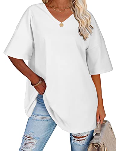 TOMEEK Damen T-Shirt mit V-Ausschnitt Kurzarm Sommer Oversize Shirts Baumwolle Basic Casual Top Lose Bluse Weite Schulter T-Shirts(Weiß,M) von TOMEEK