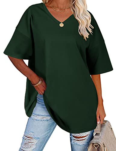 TOMEEK Damen T-Shirt mit V-Ausschnitt Kurzarm Sommer Oversize Shirts Baumwolle Basic Casual Top Lose Bluse Weite Schulter T-Shirts, Dunkelgrün, Größe S von TOMEEK