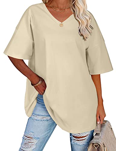 TOMEEK Damen T-Shirt mit V-Ausschnitt Kurzarm Sommer Oversize Shirts Baumwolle Basic Casual Top Lose Bluse Weite Schulter T-Shirts, Khaki, Größe M von TOMEEK