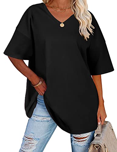 TOMEEK Damen T-Shirt mit V-Ausschnitt Kurzarm Sommer Oversize Shirts Baumwolle Basic Casual Top Lose Bluse Weite Schulter T-Shirts, Schwarz, Größe L von TOMEEK