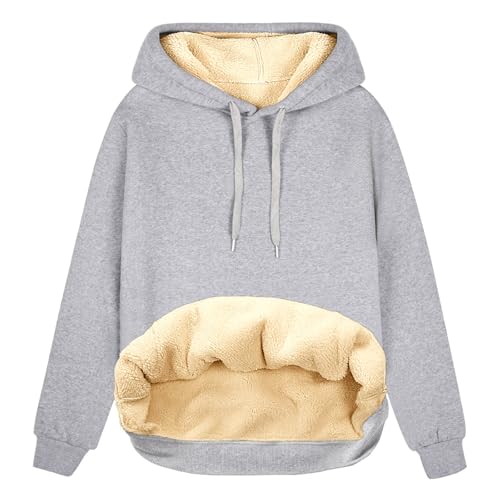 TOMEEK Damen Winter Warmes Sweatshirt Fleece Sherpa Gefütterter Pullover mit Kapuze Lässiger Sportlicher Fleece-Hoodie mit Tasche, Hellgrau, Größe M von TOMEEK
