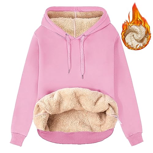 TOMEEK Damen Winter Warmes Sweatshirt Fleece Sherpa Gefütterter Pullover mit Kapuze Lässiger Sportlicher Fleece-Hoodie mit Tasche, Rosa, Größe XL von TOMEEK