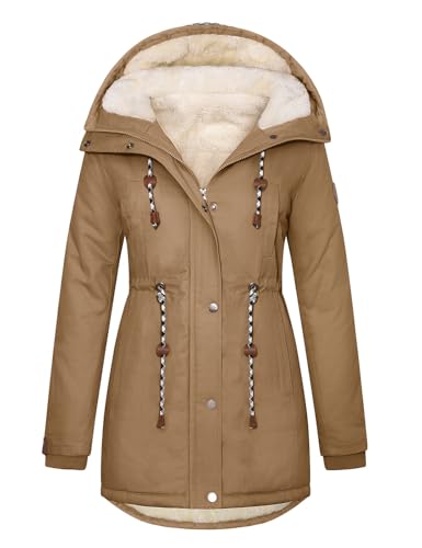 TOMEEK Damen Winterjacke Warm Wintermantel Lang Winterparka mit Teddyfell Gefüttert Kapuzenmantel Mantel Parka Damen-Mäntel Jacke Fleecemantel Skijacke(Dunkles Khaki,XXL) von TOMEEK