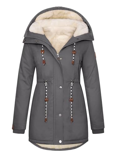 TOMEEK Damen Winterjacke Warm Wintermantel Lang Winterparka mit Teddyfell Gefüttert Kapuzenmantel Mantel Parka Damen-Mäntel Jacke Fleecemantel Skijacke(Hellgrau,M) von TOMEEK
