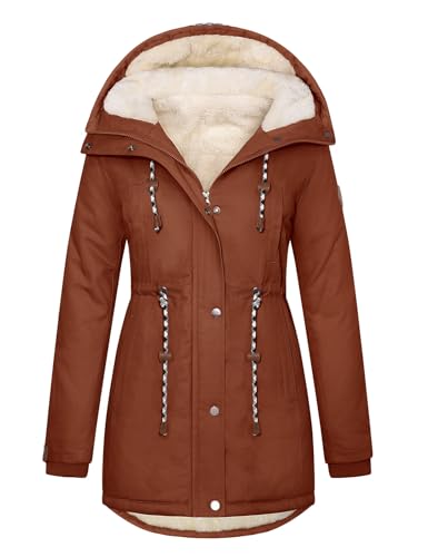 TOMEEK Damen Winterjacke Warm Wintermantel Lang Winterparka mit Teddyfell Gefüttert Kapuzenmantel Mantel Parka Damen-Mäntel Jacke Fleecemantel Skijacke(Rotbraun,L) von TOMEEK
