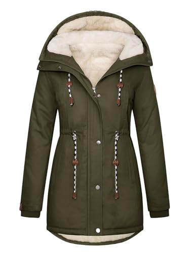 TOMEEK Damen Winterjacke Winter Warm Wintermantel Damen Lang Winterparka mit Teddyfell Gefüttert Kapuzenmantel Mantel Parka Damen-Mäntel Jacke Fleecemantel Skijacke(Armeegrün,L) von TOMEEK