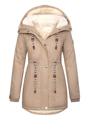 TOMEEK Damen Winterjacke Winter Warm Wintermantel Damen Lang Winterparka mit Teddyfell Gefüttert Kapuzenmantel Mantel Parka Damen-Mäntel Jacke Fleecemantel Skijacke(Khaki,L) von TOMEEK