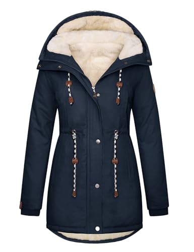 TOMEEK Damen Winterjacke Winter Warm Wintermantel Damen Lang Winterparka mit Teddyfell Gefüttert Kapuzenmantel Mantel Parka Damen-Mäntel Jacke Fleecemantel Skijacke(Marineblau,XXL) von TOMEEK