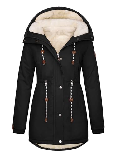 TOMEEK Damen Winterjacke Winter Warm Wintermantel Damen Lang Winterparka mit Teddyfell Gefüttert Kapuzenmantel Mantel Parka Damen-Mäntel Jacke Fleecemantel Skijacke(Schwarz,S) von TOMEEK