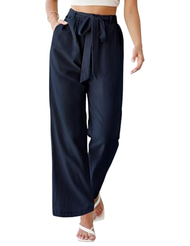 TOMEEK Hose Damen Sommer Baumwoll Leinen Hose Elastischer Bund Hose mit weitem Bein und gebundenem Gürtel Loose Fit Hose Business Freizeithose Strandhose mit Taschen, Navy blau, Größe XXL von TOMEEK