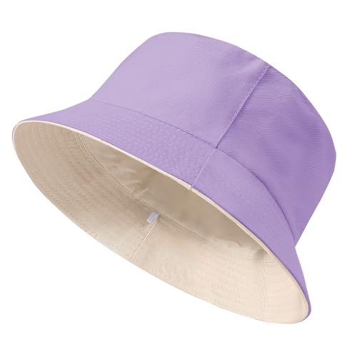 TOMEEK Fischerhut Herren Bucket Hat Damen Sonnenhut Reversibel Fischerhüte Baumwolle Sommerhut Unisex Anglerhut Doppelseitig Freizeithut Faltbar Einfarbige(Lila Beige,L) von TOMEEK