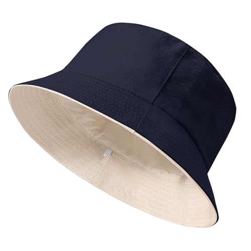 TOMEEK Fischerhut Herren Bucket Hat Damen Sonnenhut Reversibel Fischerhüte Baumwolle Sommerhut Unisex Anglerhut Doppelseitig Freizeithut Faltbar Einfarbige(Marineblau Beige,M) von TOMEEK