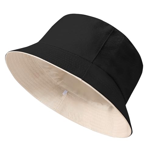 TOMEEK Fischerhut Herren Bucket Hat Damen Sonnenhut Reversibel Fischerhüte Baumwolle Sommerhut Unisex Anglerhut Doppelseitig Freizeithut Faltbar Einfarbige(Schwarz Beige,XL) von TOMEEK