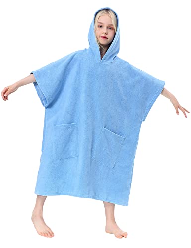 TOMEEK Handtuch Poncho mit Kapuzen Für Kinder Weich Strandponcho Teenager Surfponcho Badeponcho Strandtuch Bademantel mit Tasche Ideal Für Ferien, Schwimmen, Surfen, Strand, Bad(Blau) von TOMEEK