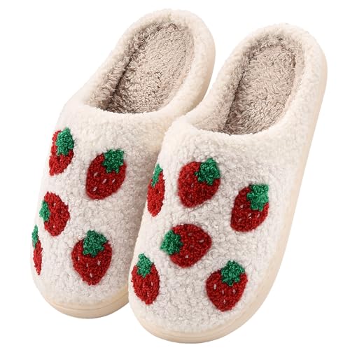 TOMEEK Hausschuhe Damen Winter Warme Herren Pantoffeln Bequeme Flaumig Slippers Niedliche Weihnachten Filzpantoffeln Frauen Hauspantoffeln Indoor (Erdbeere,38-39 M) von TOMEEK