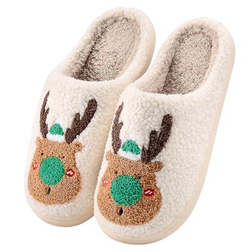 TOMEEK Hausschuhe Damen Winter Warme Herren Pantoffeln Bequeme Flaumig Slippers Niedliche Weihnachten Filzpantoffeln Frauen Hauspantoffeln Indoor (Grünes Rentier,38-39 M) von TOMEEK
