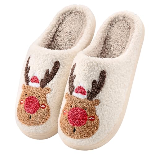 TOMEEK Hausschuhe Damen Winter Warme Herren Pantoffeln Bequeme Flaumig Slippers Niedliche Weihnachten Filzpantoffeln Frauen Hauspantoffeln Indoor (Rotes Rentier,38-39 M) von TOMEEK