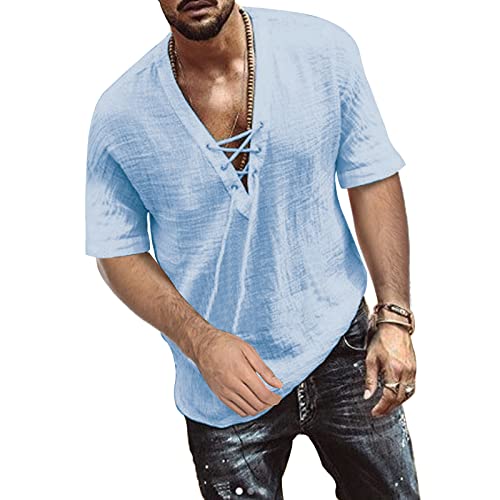 TOMEEK Herren Freizeithemd V-Ausschnitt Sommer Kurzarm Baumwolle Leinen Männer Shirt Strandhemd Loose Fit Tops, Hellblau, Größe XL von TOMEEK