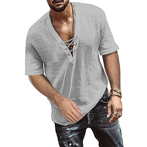 TOMEEK Herren Freizeithemd V-Ausschnitt Sommer Kurzarm Baumwolle Leinen Männer Shirt Strandhemd Loose Fit Tops, Hellgrau, Größe L von TOMEEK