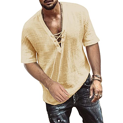 TOMEEK Herren Freizeithemd V-Ausschnitt Sommer Kurzarm Baumwolle Leinen Männer Shirt Strandhemd Loose Fit Tops, Khaki, Größe L von TOMEEK