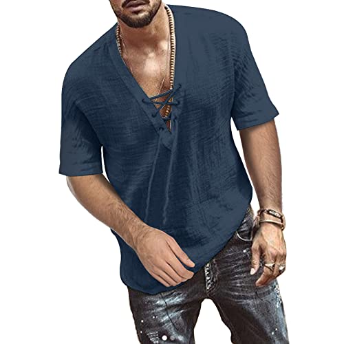 TOMEEK Herren Freizeithemd V-Ausschnitt Sommer Kurzarm Baumwolle Leinen Männer Shirt Strandhemd Loose Fit Tops, Navy Blau, Größe L von TOMEEK