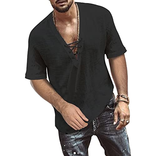 TOMEEK Herren Freizeithemd V-Ausschnitt Sommer Kurzarm Baumwolle Leinen Männer Shirt Strandhemd Loose Fit Tops, Schwarz, Größe L von TOMEEK