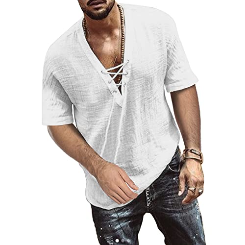 TOMEEK Herren Freizeithemd V-Ausschnitt Sommer Kurzarm Baumwolle Leinen Männer Shirt Strandhemd Loose Fit Tops, Weiß, Größe L von TOMEEK