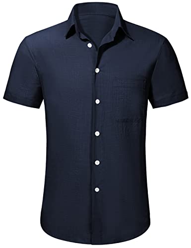 TOMEEK Herrenhemd Sommer Kurzarmhemd Umlegekragen Business Casual Hemd Henley Baumwollhemd, Navy blau, Größe M von TOMEEK