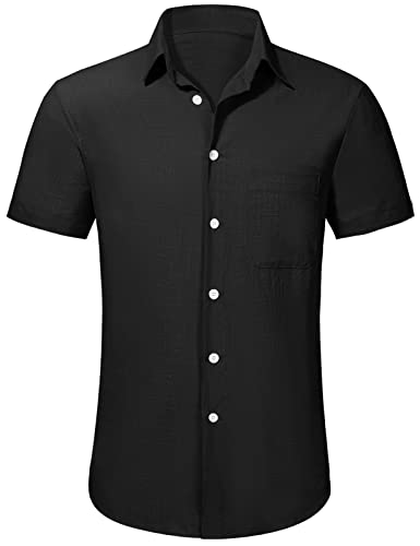 TOMEEK Herrenhemd Sommer Kurzarmhemd Umlegekragen Business Casual Hemd Henley Baumwollhemd, Schwarz, Größe XL von TOMEEK