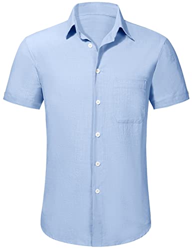 TOMEEK Herrenhemd Sommer Kurzarmhemd Umlegekragen Business Casual Hemd Henley Baumwollhemd, Blau, Größe M von TOMEEK