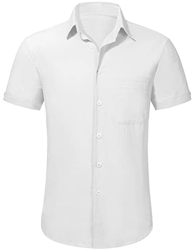 TOMEEK Herrenhemd Sommer Kurzarmhemd Umlegekragen Business Casual Hemd Henley Baumwollhemd, Weiß, Größe L von TOMEEK