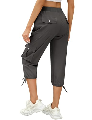 TOMEEK Hose Damen 3/4 Caprihose Damen Casual Jogginghose Sommer Sporthose Outdoor Baggy Freizeithose Bequeme mit Mehrfach-Taschen Kordelzug Taille Yogahose(Dunkelgrau,S) von TOMEEK
