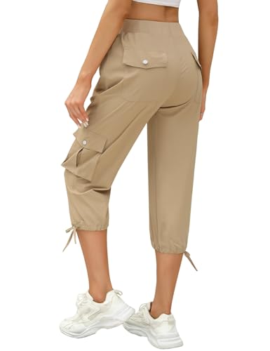 TOMEEK Hose Damen 3/4 Caprihose Damen Casual Jogginghose Sommer Sporthose Outdoor Baggy Freizeithose Bequeme mit Mehrfach-Taschen Kordelzug Taille Yogahose(Khaki,L) von TOMEEK