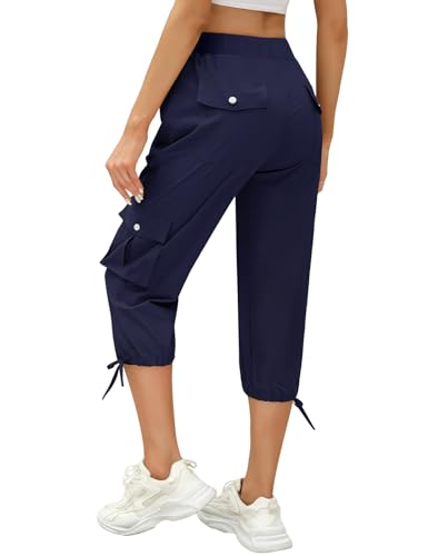 TOMEEK Hose Damen 3/4 Caprihose Damen Casual Jogginghose Sommer Sporthose Outdoor Baggy Freizeithose Bequeme mit Mehrfach-Taschen Kordelzug Taille Yogahose(Marineblau,L) von TOMEEK
