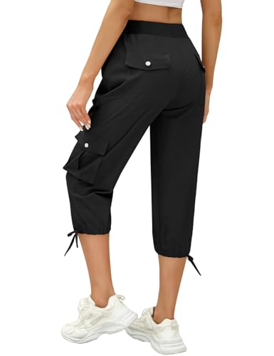 TOMEEK Hose Damen 3/4 Caprihose Damen Casual Jogginghose Sommer Sporthose Outdoor Baggy Freizeithose Bequeme mit Mehrfach-Taschen Kordelzug Taille Yogahose(Schwarz,XXL) von TOMEEK