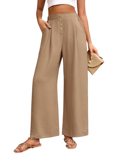 TOMEEK Hose Damen Sommer Hight Waist Leichte Sommerhose Weites Bein Freizeithose Bequeme Elegante Lockere Gerade Damen Hosen mit Taschen Knopfleiste(Khaki,M) von TOMEEK