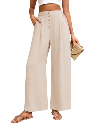 TOMEEK Hose Damen Sommer Hight Waist Leichte Sommerhose Weites Bein Freizeithose Bequeme Elegante Lockere Gerade Damen Hosen mit Taschen Knopfleiste(Weiß,L) von TOMEEK