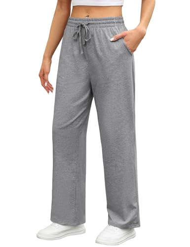 TOMEEK Damen Jogginghose Sommer, Hose Baumwolle Yogahose Sommerhose Freizeithose Activewear Hohe Taille mit Taschen Weites Bein Hausehose Sporthose Damen Lang (Dunkelgrau, L) von TOMEEK