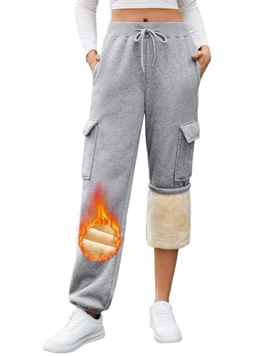 TOMEEK Jogginghose Damen Thermo Winter Thermohose Warme Fleecehose Gefütterte mit Taschen Traininghose Dicke Plüsch Sporthose Essentials Sweathose Kuschelig Fleecehose Sweatpants(Hellgrau,M) von TOMEEK
