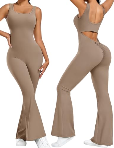 TOMEEK Jumpsuit Damen Kuschelig Lang Flared Bodysuit Eng Scrunch Butt Yoga Sport Rückenfrei Einteiler Onesie Damen Playsuits Ärmellos Overall Stretch Bodycon Sportanzug(Helles Kaffee,M) von TOMEEK