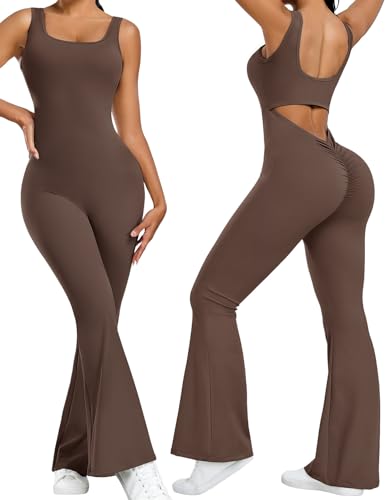 TOMEEK Jumpsuit Damen Kuschelig Lang Flared Bodysuit Eng Scrunch Butt Yoga Sport Rückenfrei Einteiler Onesie Damen Playsuits Ärmellos Overall Stretch Bodycon Sportanzug(Kaffee,L) von TOMEEK