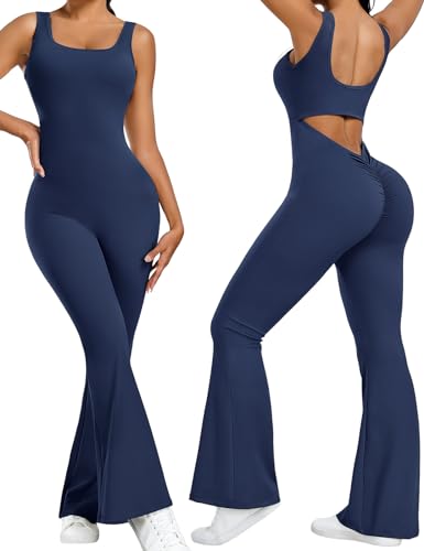 TOMEEK Jumpsuit Damen Kuschelig Lang Flared Bodysuit Eng Scrunch Butt Yoga Sport Rückenfrei Einteiler Onesie Damen Playsuits Ärmellos Overall Stretch Bodycon Sportanzug(Marineblau,M) von TOMEEK