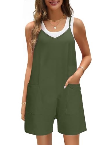 TOMEEK Latzhose Damen Kurz Lose Sommer Jumpsuit Damen Lässig Baumwolle Overall Kurze Hose Verstellbar Schulter Strampelanzug mit Große Taschen(Armeegrün,S) von TOMEEK